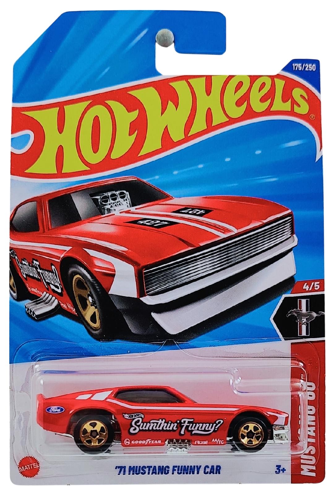 Hot Wheels 2025 - Collector # 175/250 - Mustang 60 4/5 - '71 Mustang Funny Car - Red / Sumthin' Funny? - Copper 5 Spoke Wheels - International Card