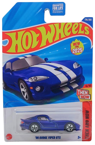 Hot Wheels 2025 - Collector # 176/250 - Then and Now 4/10 - '96 Dodge Viper GTS - Viper GTS Blue / White Racing Stripes - 5 Spoke Wheels - USA Card