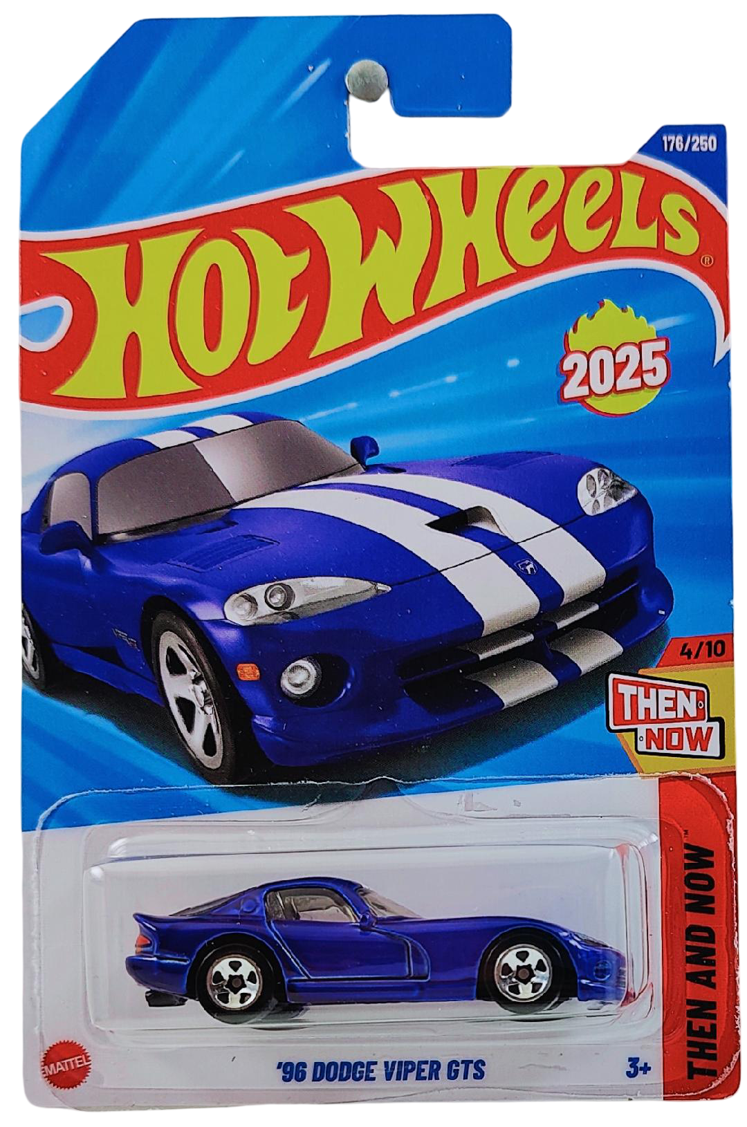 Hot Wheels 2025 - Collector # 176/250 - Then and Now 4/10 - '96 Dodge Viper GTS - Viper GTS Blue / White Racing Stripes - 5 Spoke Wheels - International Card