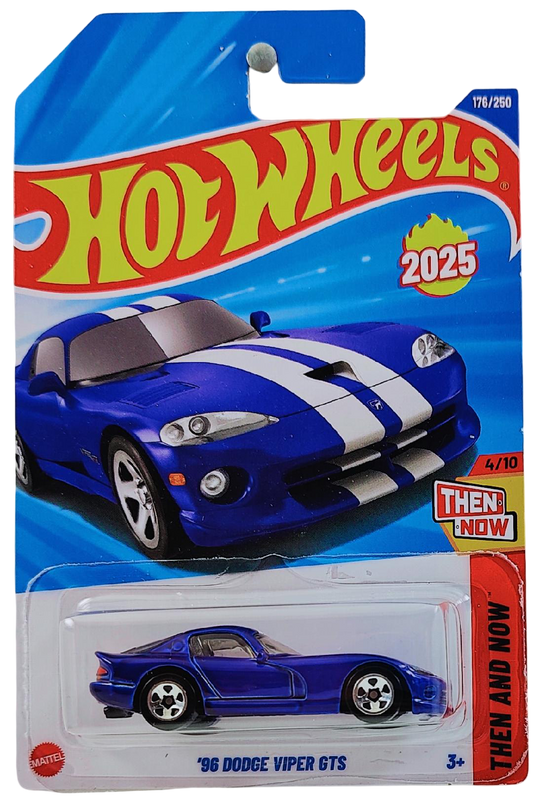 Hot Wheels 2025 - Collector # 176/250 - Then and Now 4/10 - '96 Dodge Viper GTS - Viper GTS Blue / White Racing Stripes - 5 Spoke Wheels - International Card