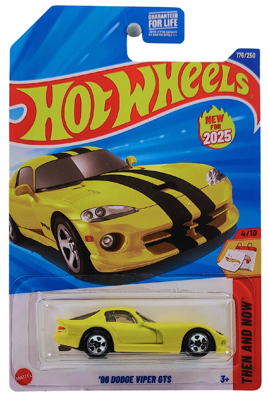Hot Wheels 2025 - Collector # 176/250 - Then and Now 4/10 - '96 Dodge Viper GTS - Yellow / Black Racing Stripes - 5 Spoke Wheels - USA Card