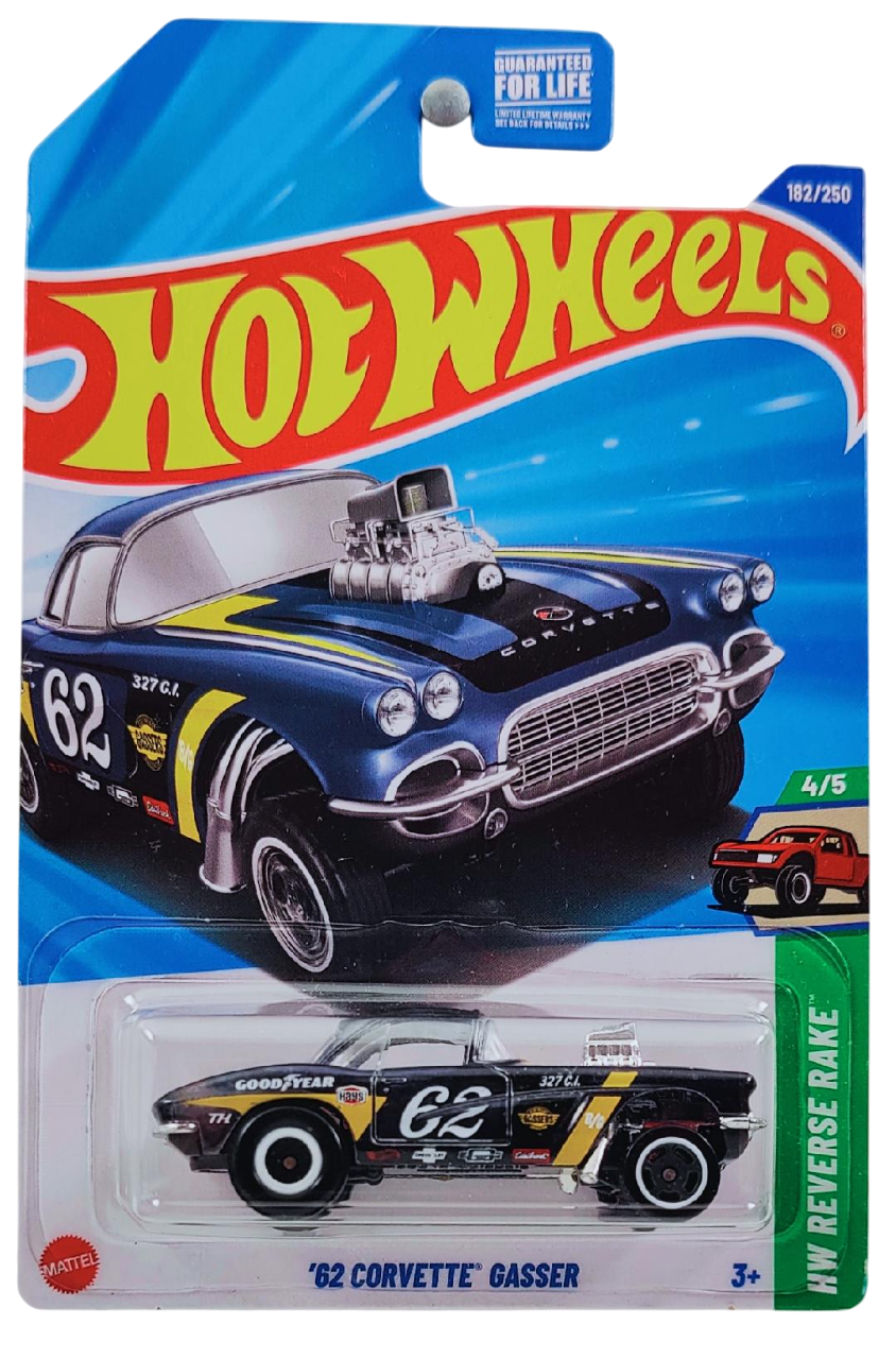 Hot Wheels 2025 - Collector # 182/250 - HW Reverse Rake 4/5 - SUPER Treasure Hunt - '62 Corvette Gasser - Spectraflame Dark Blue / #62 / Various Racing Decals / TH on Rear Fender - Real Rider White Walls - USA Card