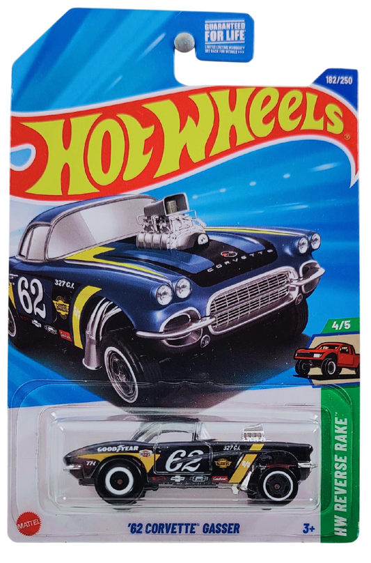 Hot Wheels 2025 - Collector # 182/250 - HW Reverse Rake 4/5 - SUPER Treasure Hunt - '62 Corvette Gasser - Spectraflame Dark Blue / #62 / Various Racing Decals / TH on Rear Fender - Real Rider White Walls - USA Card