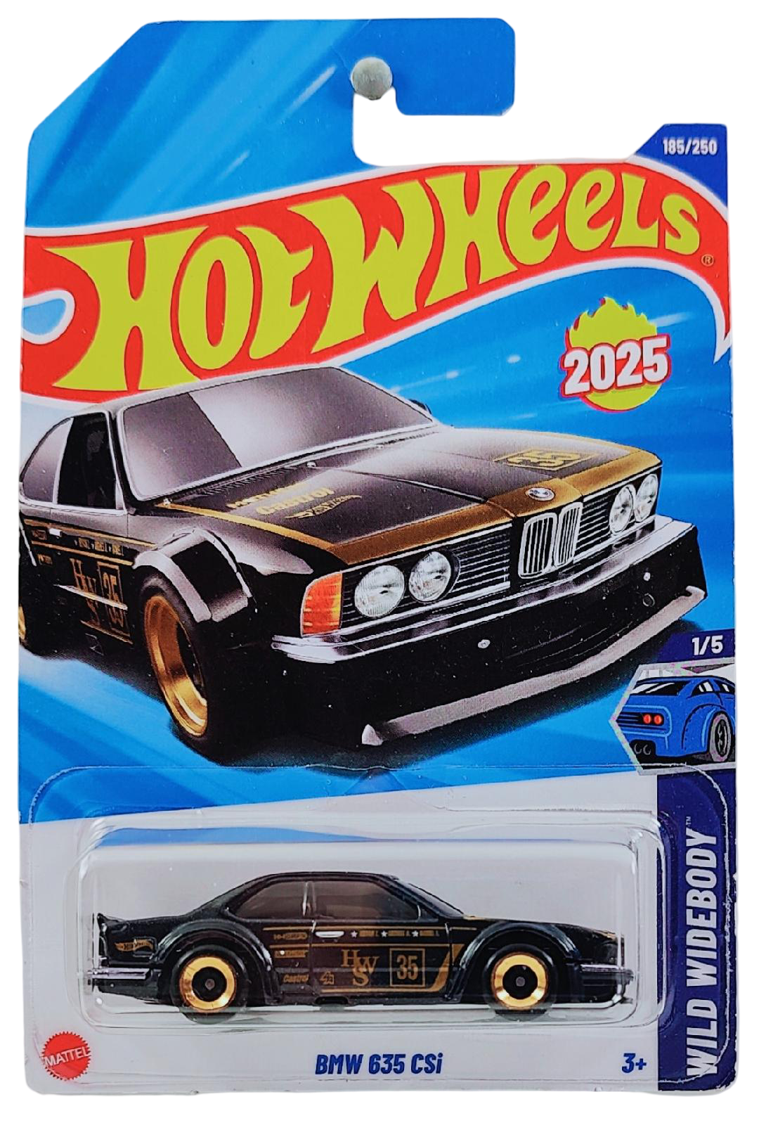 Hot Wheels 2025 - Collector # 185/250 - Wild Widebody 1/5 - New Models - BMW 635 CSi - Black / #35 - Gold L4 Wheels - International Card