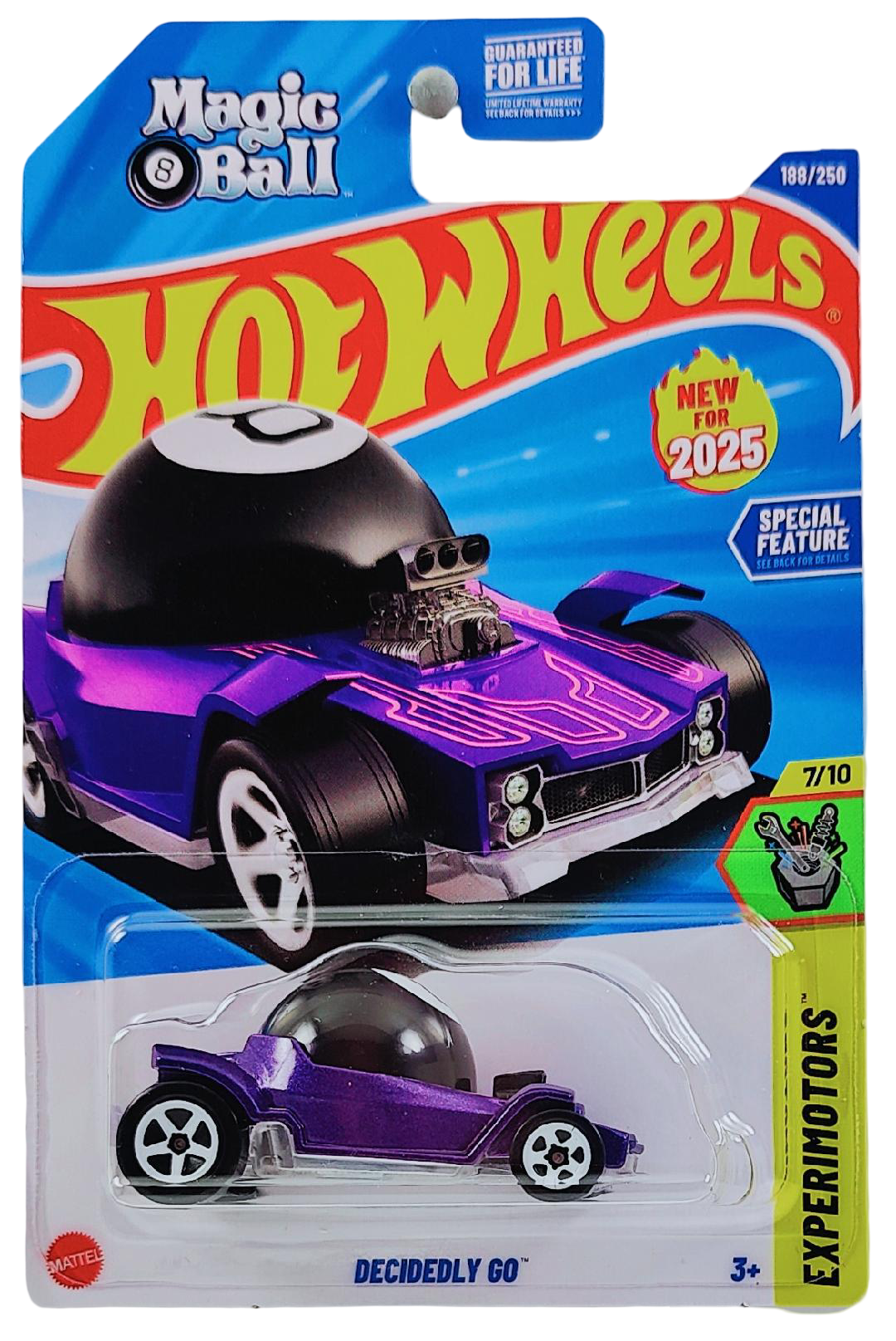 Hot Wheels 2025 - Collector # 188/250 - Experimotors 7/10 - New Models - Decidedly Go - Purple Metalflake & Black / #8 - White 5 Spoke Wheels - USA 'Magic Ball' Card