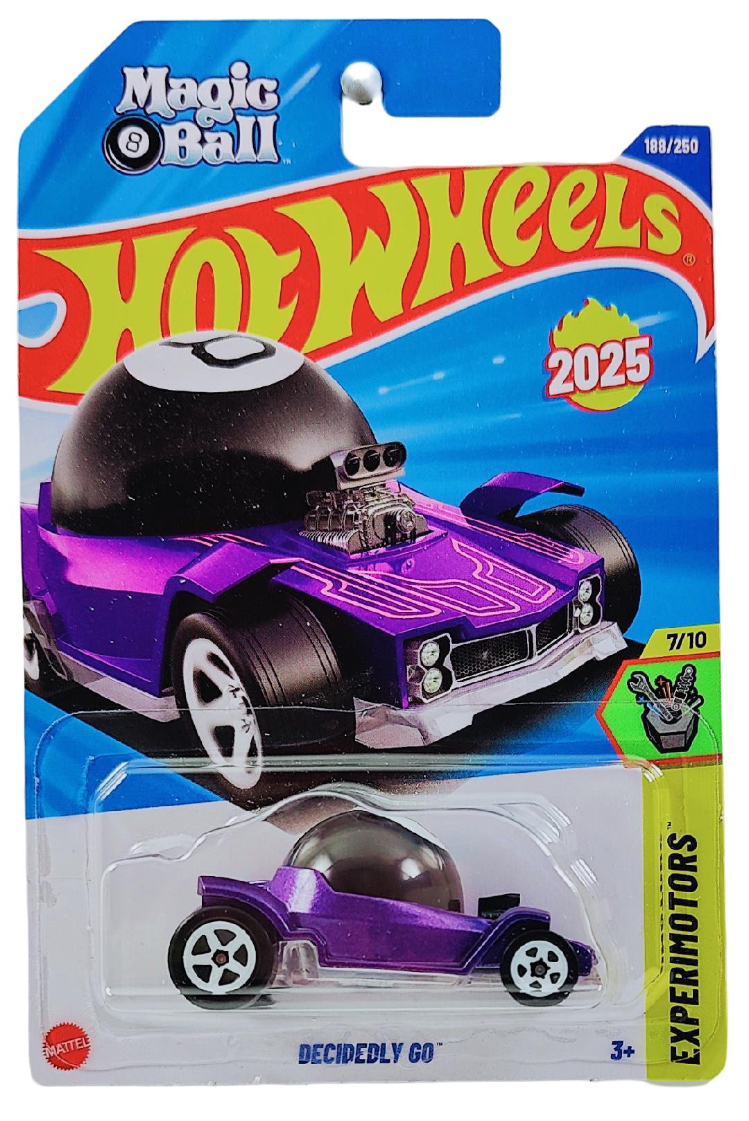 Hot Wheels 2025 - Collector # 188/250 - Experimotors 7/10 - New Models - Decidedly Go - Purple Metalflake & Black / #8 - White 5 Spoke Wheels - International 'Magic Ball' Card