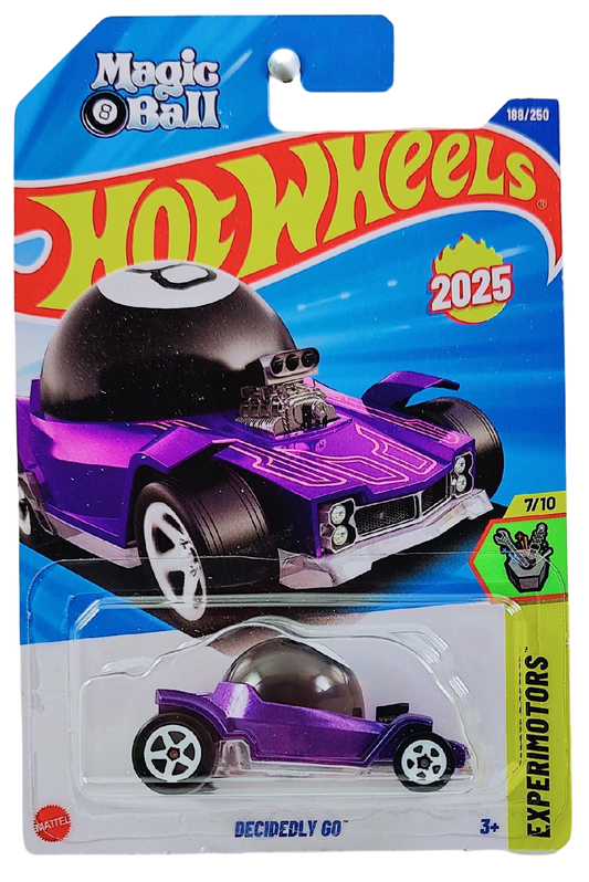 Hot Wheels 2025 - Collector # 188/250 - Experimotors 7/10 - New Models - Decidedly Go - Purple Metalflake & Black / #8 - White 5 Spoke Wheels - International 'Magic Ball' Card