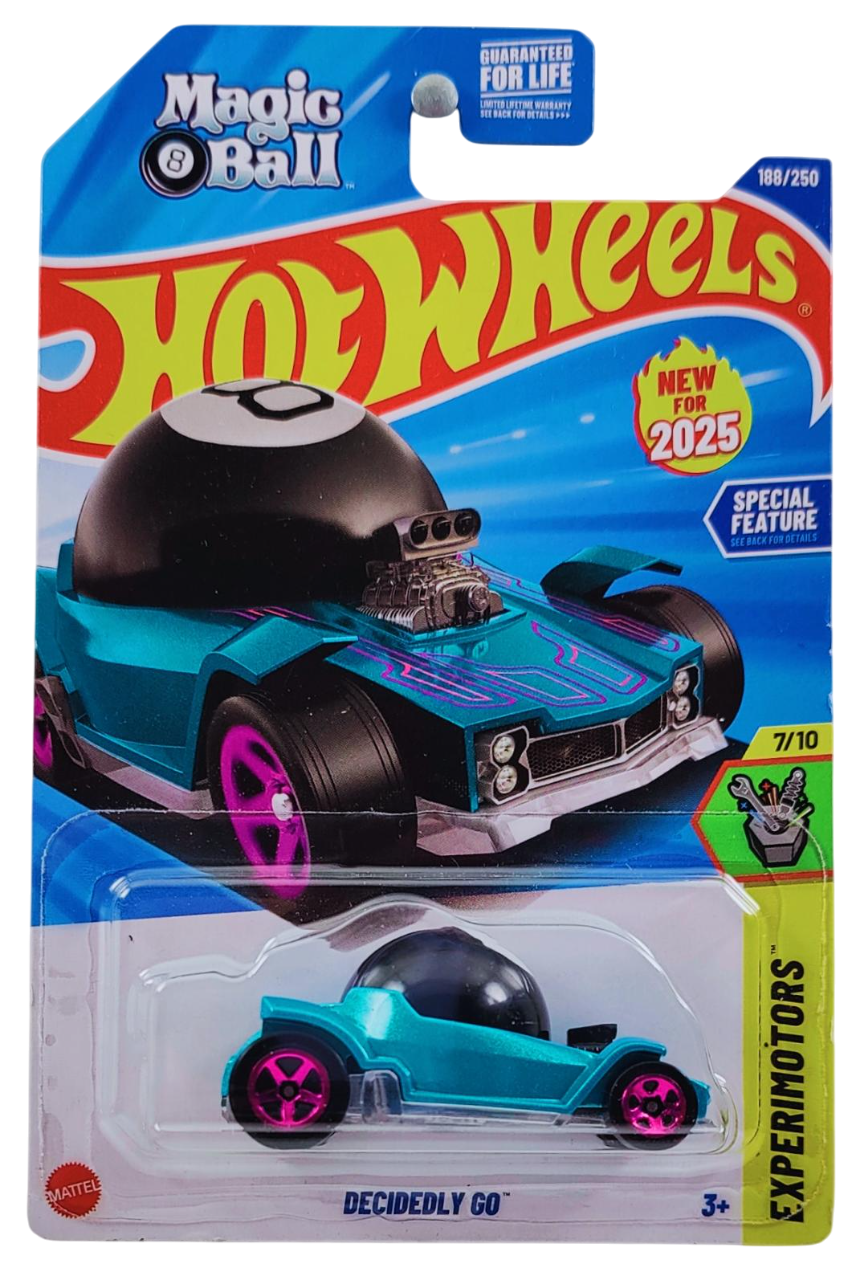 Hot Wheels 2025 - Collector # 188/250 - Experimotors 7/10 - New Models - Decidedly Go - Teal Metalflake & Black / #8 - Purple 5 Spoke Wheels - USA 'Magic Ball' Card