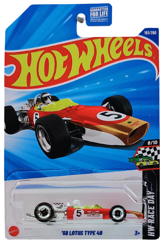 Hot Wheels 2025 - Collector # 193/250 - HW Race Day 8/10 - '68 Lotus Type 49 - Red / #5 - L4 Wheels - USA Card