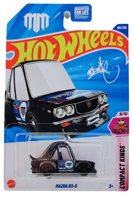 Hot Wheels 2025 - Collector # 196/250 - Compact Kings 8/10 - Mazda RX-3 (Tooned) - Black / Mad Mike Graphics - USA 'MM' Card