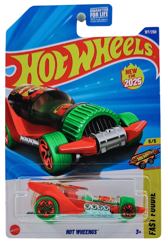 Hot Wheels 2025 - Collector # 197/250 - Fast Foodie 5/5 - New Models - Hot Wheengs - Red Body / Green Sauce in Bottle / Green Tires with Red Rims - USA Card