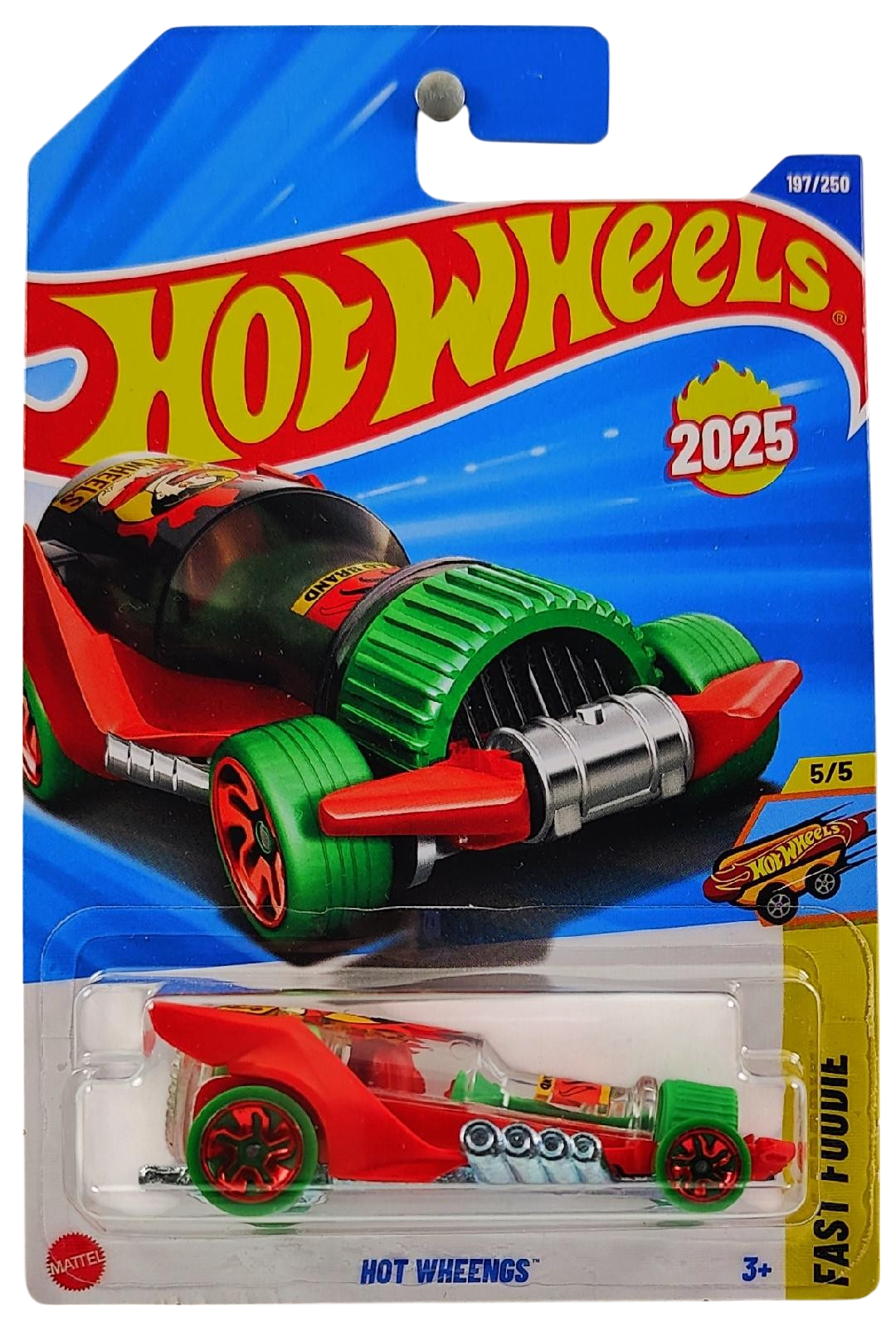 Hot Wheels 2025 - Collector # 197/250 - Fast Foodie 5/5 - New Model - Hot Wheengs - Red - Green Interior - Clear Hot Sauce Bottle - Green Tires with Red Chrome ID Wheels - International Card