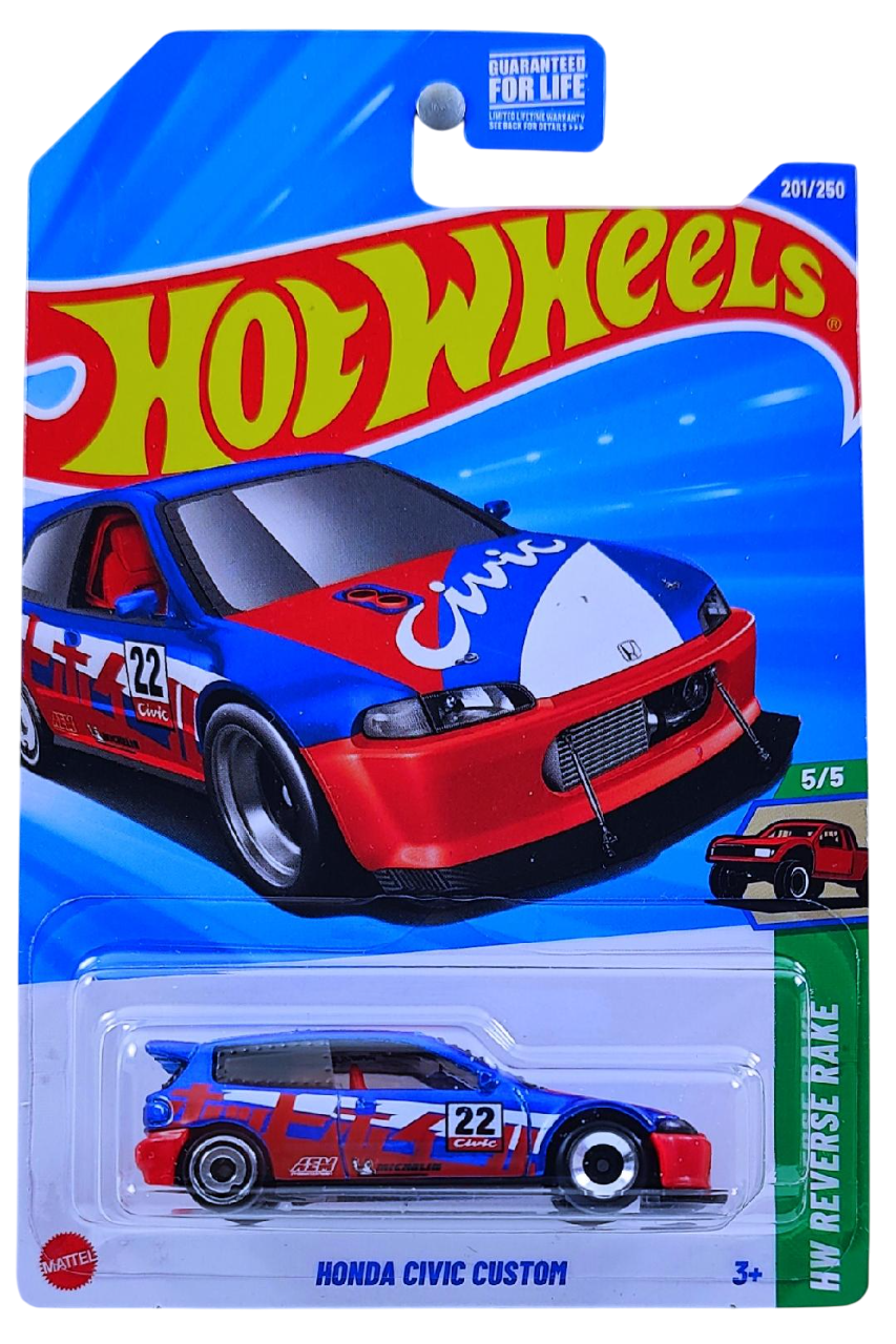 Hot Wheels 2025 - Collector # 201/250 - Reverse Rake 5/5 - Honda Civic Custom - Blue Metalflake / #22 - USA Card