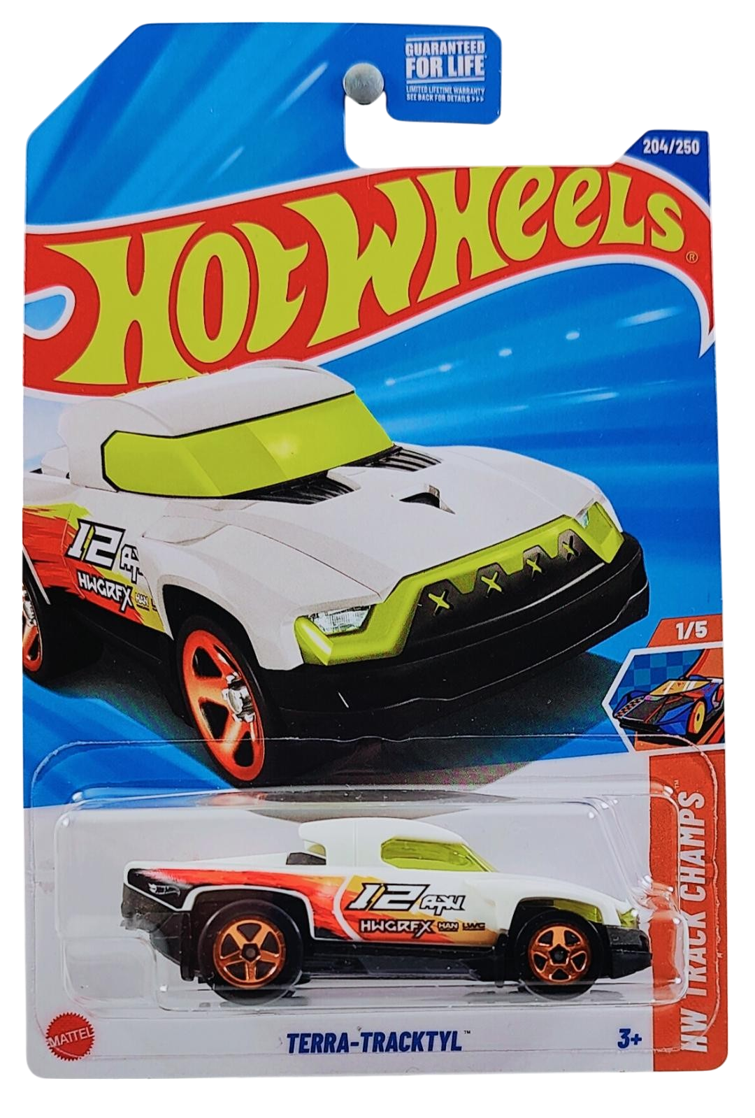 Hot Wheels 2025 - Collector # 204/250 - HW Track Champs 1/5 - Terra-Tracktyl - White / #12 - USA Card