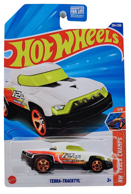 Hot Wheels 2025 - Collector # 204/250 - HW Track Champs 1/5 - Terra-Tracktyl - White / #12 - USA Card