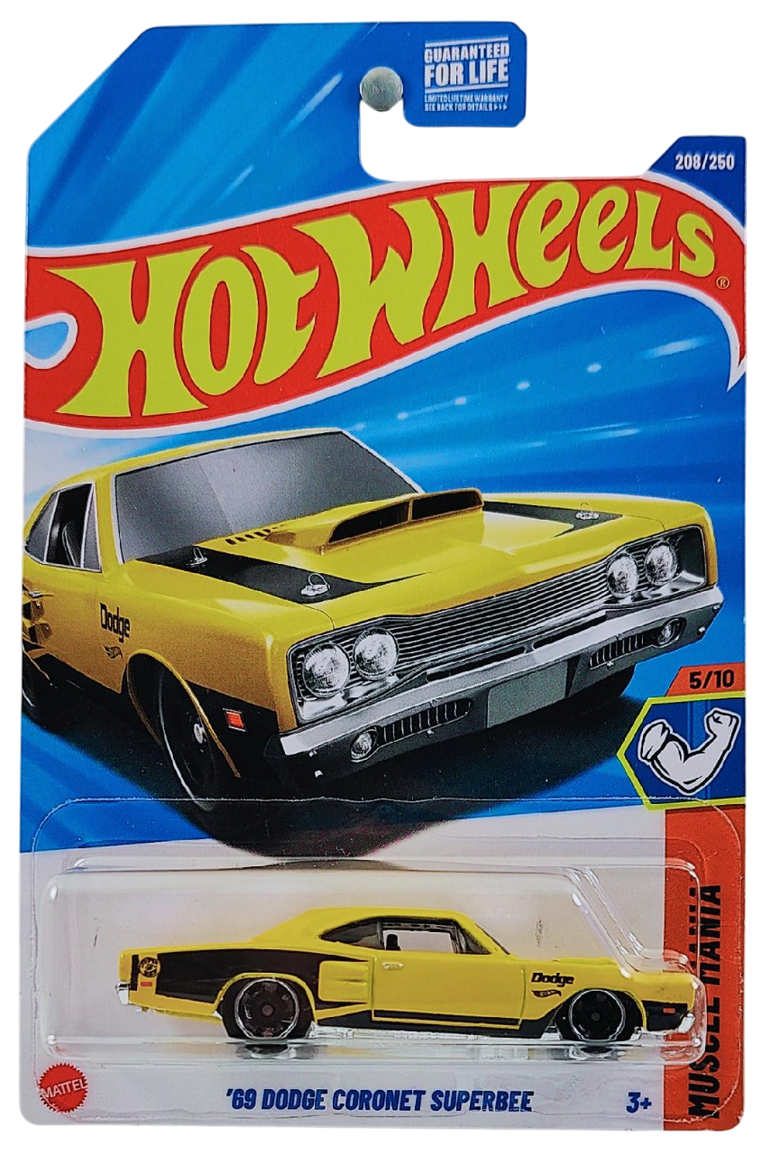 Hot Wheels 2025 - Collector # 208/250 - Muscle Mania 5/10 - '69 Dodge Coronet Superbee - Yellow / Black Accents - USA Card