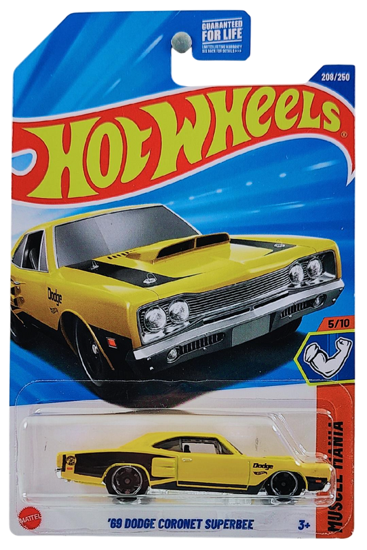 Hot Wheels 2025 - Collector # 208/250 - Muscle Mania 5/10 - '69 Dodge Coronet Superbee - Yellow / Black Accents - USA Card