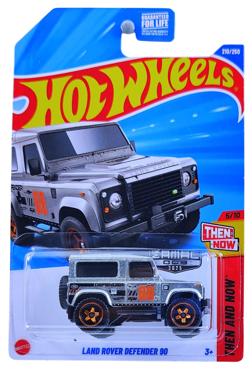 Hot Wheels 2025 - Collector # 210/250 - Then and Now 5/10 - ZAMAC # 008 - Land Rover Defender 90 - ZAMAC / #68 - Walmart Exclusive - USA Card