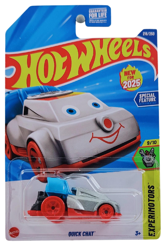Hot Wheels 2025 - Collector # 216/250 - Experimotors 9/10 - New Models - Quick Chat - Gray Metalflake, Blue with Red Base and Wheels - USA Card