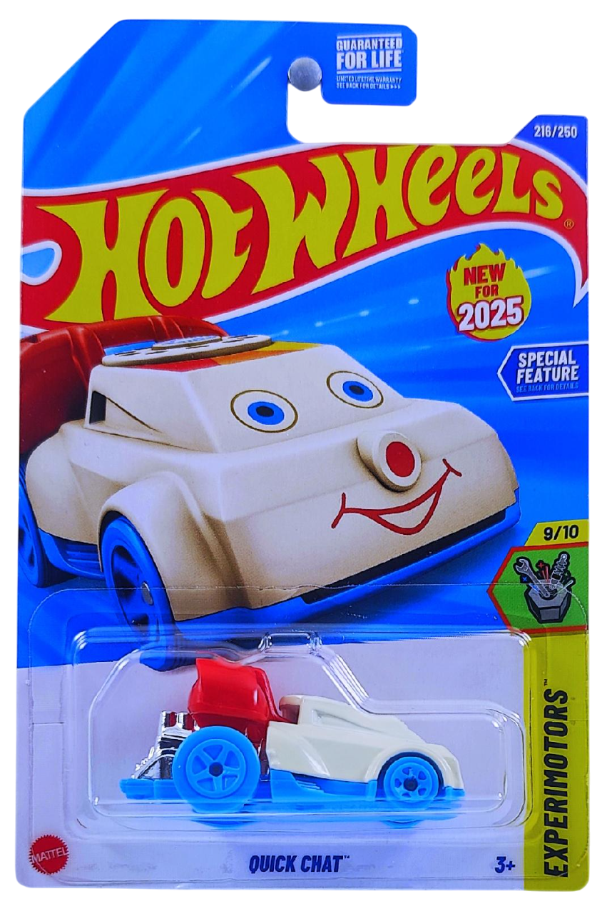 Hot Wheels 2025 - Collector # 216/250 - Experimotors 9/10 - New Models - Quick Chat - White, Red with Blue Base - USA Card