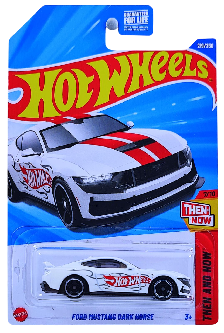 Hot Wheels 2025 - Collector # 219/250 - Then and Now 7/10 - Ford Mustang Dark Horse - White / Red Racing Stripes - M5 Wheels - USA Card