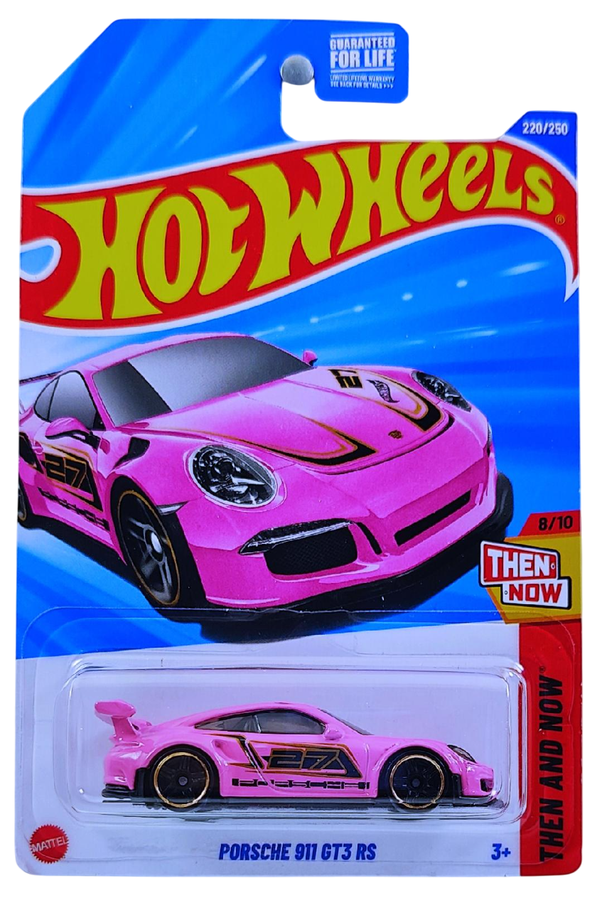 Hot Wheels 2025 - Collector # 220/250 - Then and Now 8/10 - Porsche 911 GT3 RS - Pink / #27 / Black & Gold Accents - USA Card