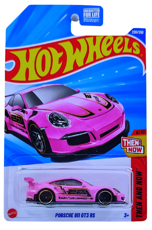 Hot Wheels 2025 - Collector # 220/250 - Then and Now 8/10 - Porsche 911 GT3 RS - Pink / #27 / Black & Gold Accents - USA Card
