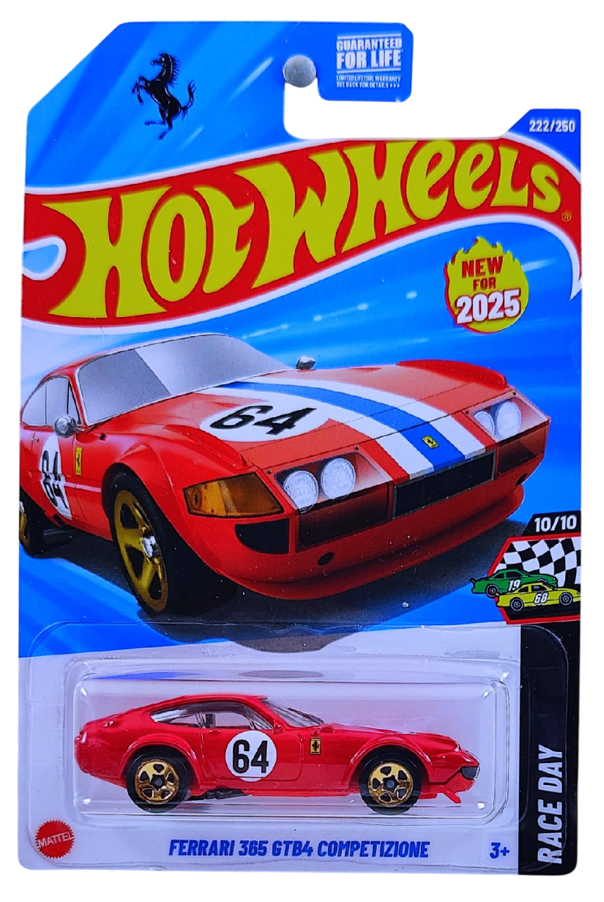 Hot Wheels 2025 - Collector # 222/250 - Race Day 10/10 - Ferrari 365 GTB4 Competizione - Red / #64 - Orange Chrome 5 Spokes - USA 'Prancing Horse' Card