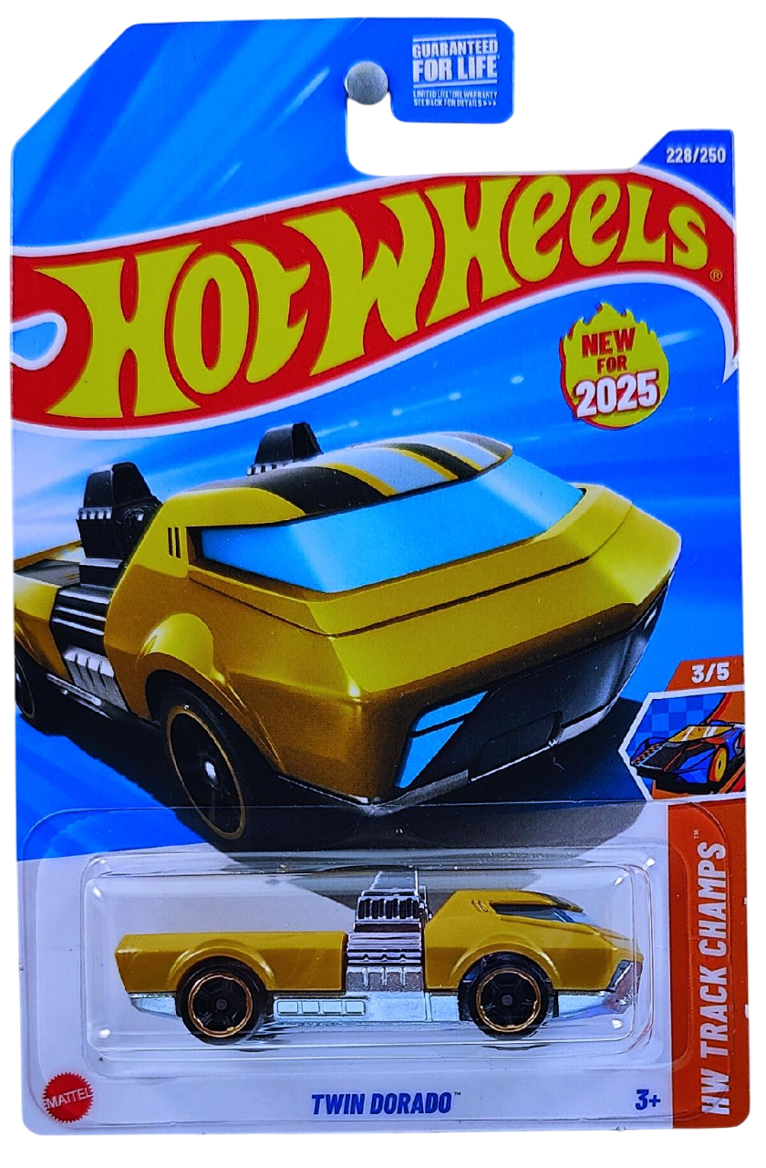 Hot Wheels 2025 - Collector # 228/250 - HW Track Champs 3/5 - New Models - Twin Dorado - Gold Metalflake - USA Card