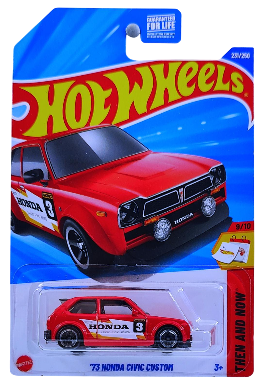 Hot Wheels 2025 - Collector # 231/250 - Then and Now 9/10 - '73 Honda Civic Custom - Red / #3 - USA Card