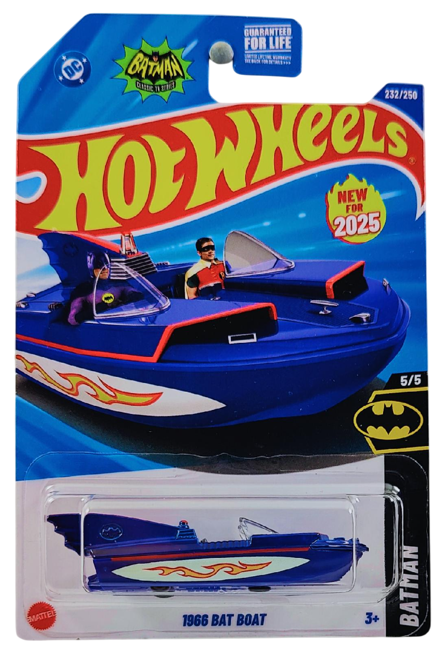 Hot Wheels 2025 - Collector # 232/250 - Batman 5/5 - New Models - 1966 Bat Boat - Blue - 3 Tiny Wheels - USA 'DC - Batman' Card