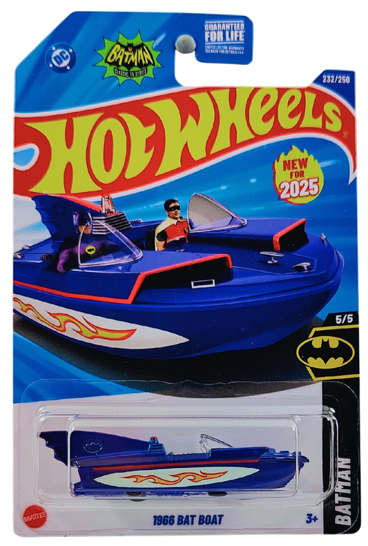 Hot Wheels 2025 - Collector # 232/250 - Batman 5/5 - New Models - 1966 Bat Boat - Blue - 3 Tiny Wheels - USA 'DC - Batman' Card
