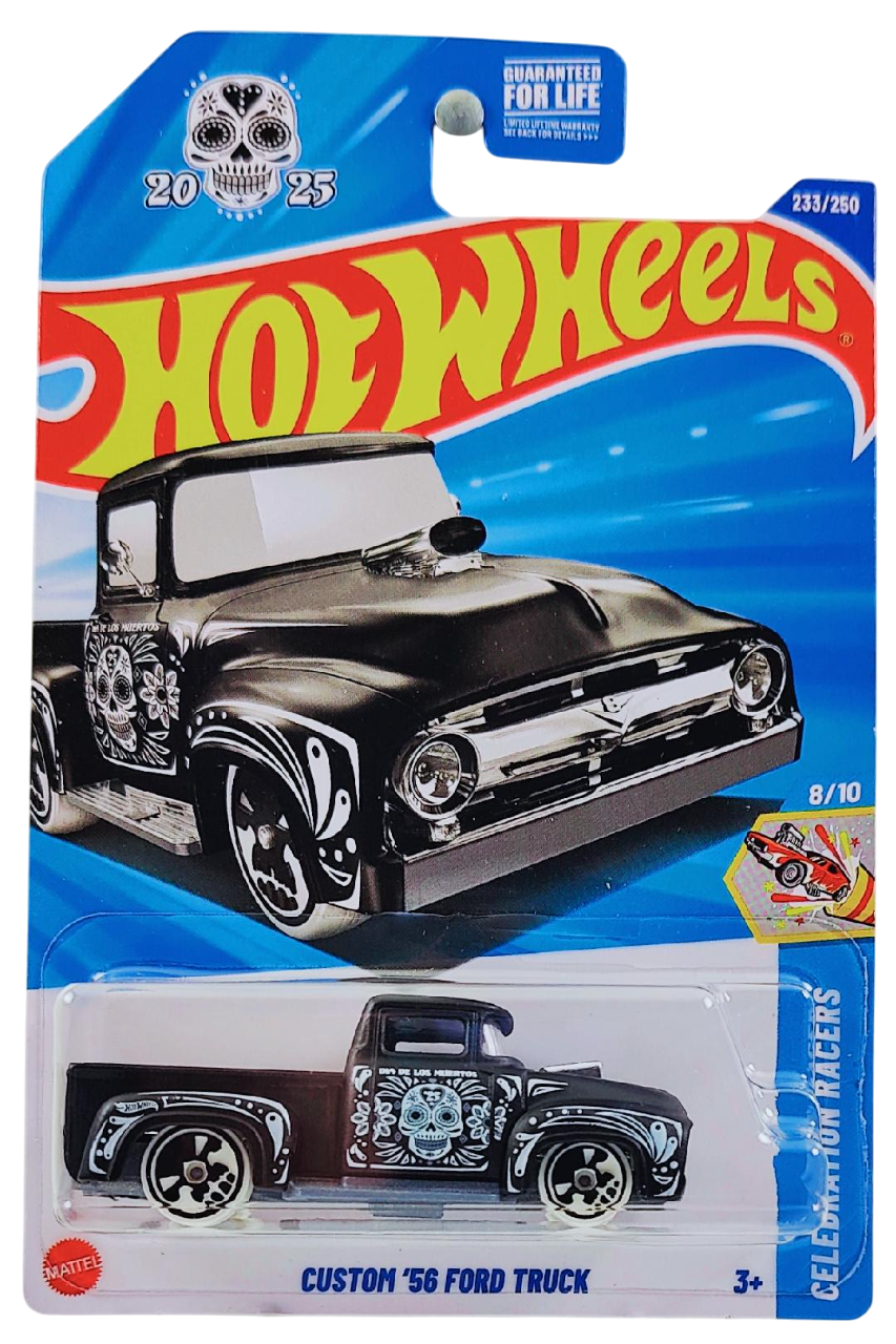 Hot Wheels 2025 - Collector # 233/250 - Celebration Racers 8/10 - Custom '56 Ford Truck - Matte Black - Skull Wheels - USA Card
