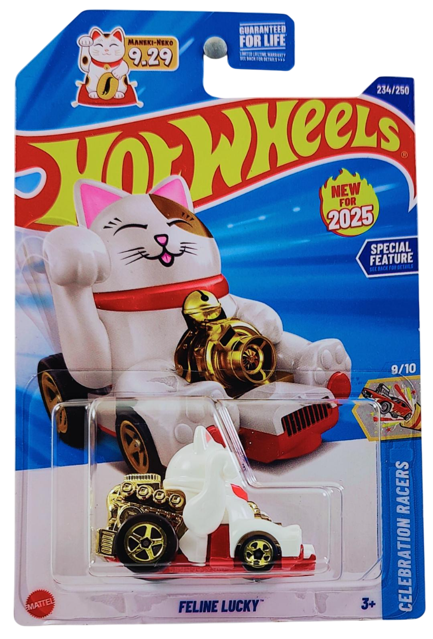 Hot Wheels 2025 - Collector # 234/250 - Celebration Racers 9/10 - New Models - Feline Lucky - White - Gold 5 Spokes - USA Card