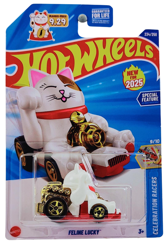 Hot Wheels 2025 - Collector # 234/250 - Celebration Racers 9/10 - New Models - Feline Lucky - White - Gold 5 Spokes - USA Card