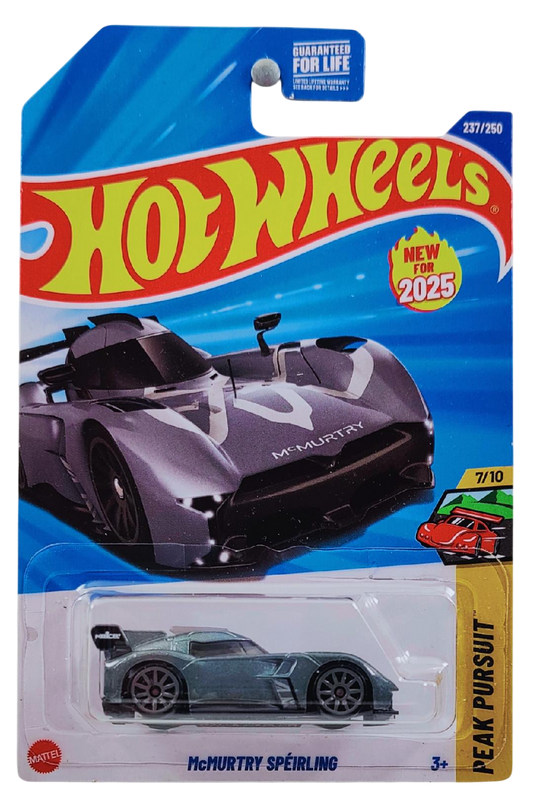 Hot Wheels 2025 - Collector # 237/250 - Peak Pursuit 7/10 - New Models - McMurtry Spéirling - Metalflake Slate Gray - Gray 10 Spokes - USA Card