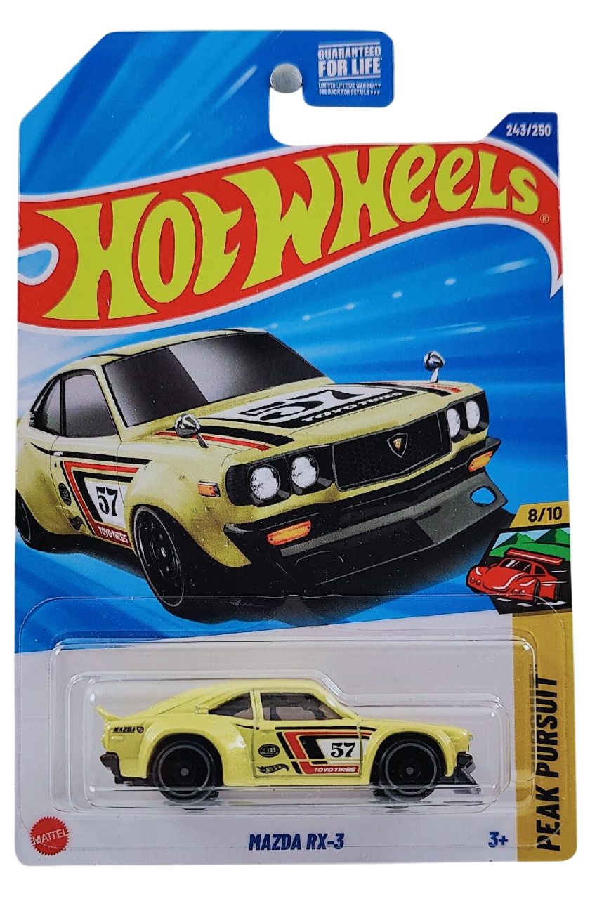 Hot Wheels 2025 - Collector # 243/250 - Peak Pursuit 8/10 - Mazda RX-3 - Maize Yellow - USA Card