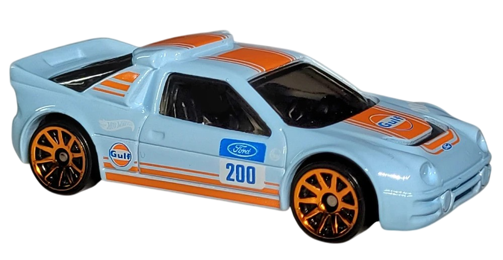 Hot Wheels 2025 - Collector # 247/250 - Peak Pursuit 9/10 - Ford RS200 - Sky Blue / Gulf Racing - Orange 10 Spokes - USA Card