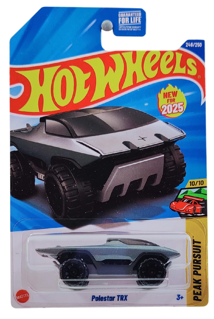 Hot Wheels 2025 - Collector # 248/250 - Peak Pursuit 10/10 - New Models - Polestar TRX - Metalflake Gray - Surf Boards embossed on Bed - USA Card