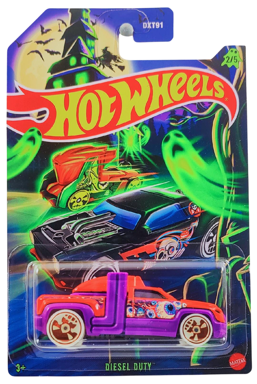 Hot Wheels 2025 - Theme / Happy Halloween Series 2/5 - Diesel Duty - Orange & Purple - Orange Chrome Skull Wheels - Grocery Store's Exclusive - Special Halloween Blister Card