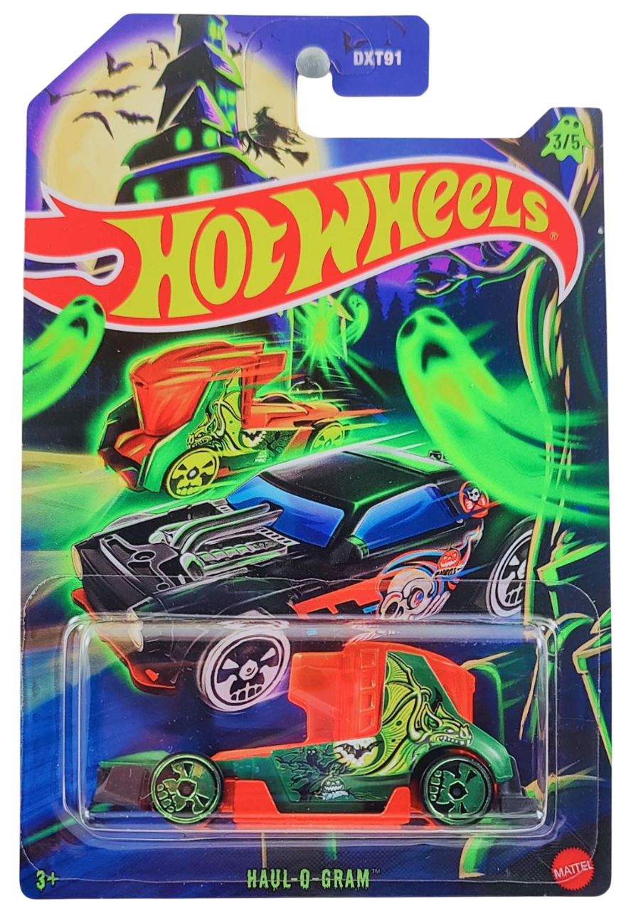 Hot Wheels 2025 - Theme / Happy Halloween Series 3/5 - Haul-O-Gram - Green - Green Chrome Skull Wheels - Grocery Store's Exclusive - Special Halloween Blister Card