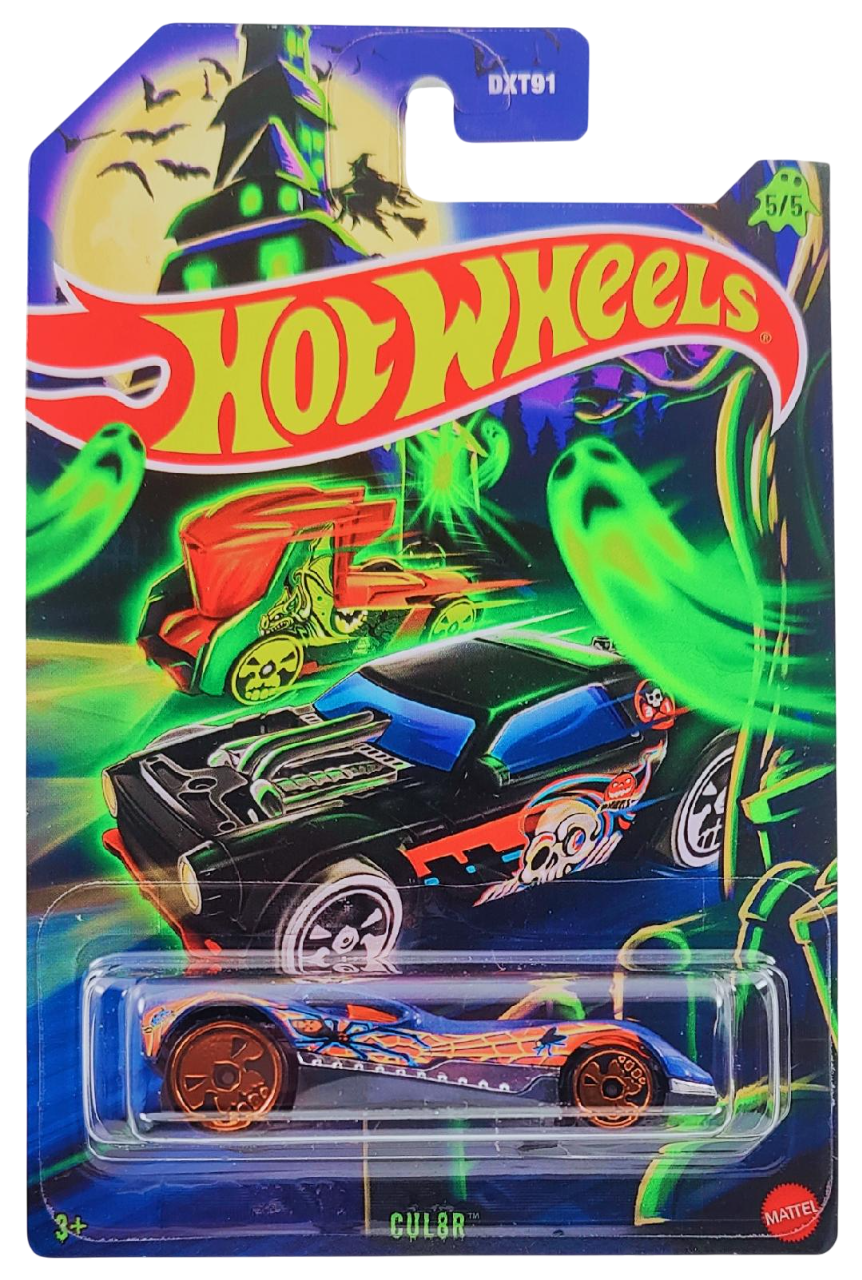 Hot Wheels 2025 - Theme / Happy Halloween Series 5/5 - CUL8R - Metalflake Blue - Orange Chrome Skull Wheels - Grocery Store's Exclusive - Special Halloween Blister Card