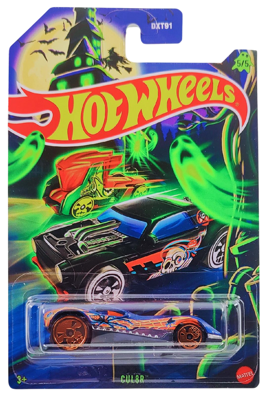 Hot Wheels 2025 - Theme / Happy Halloween Series 5/5 - CUL8R - Metalflake Blue - Orange Chrome Skull Wheels - Grocery Store's Exclusive - Special Halloween Blister Card