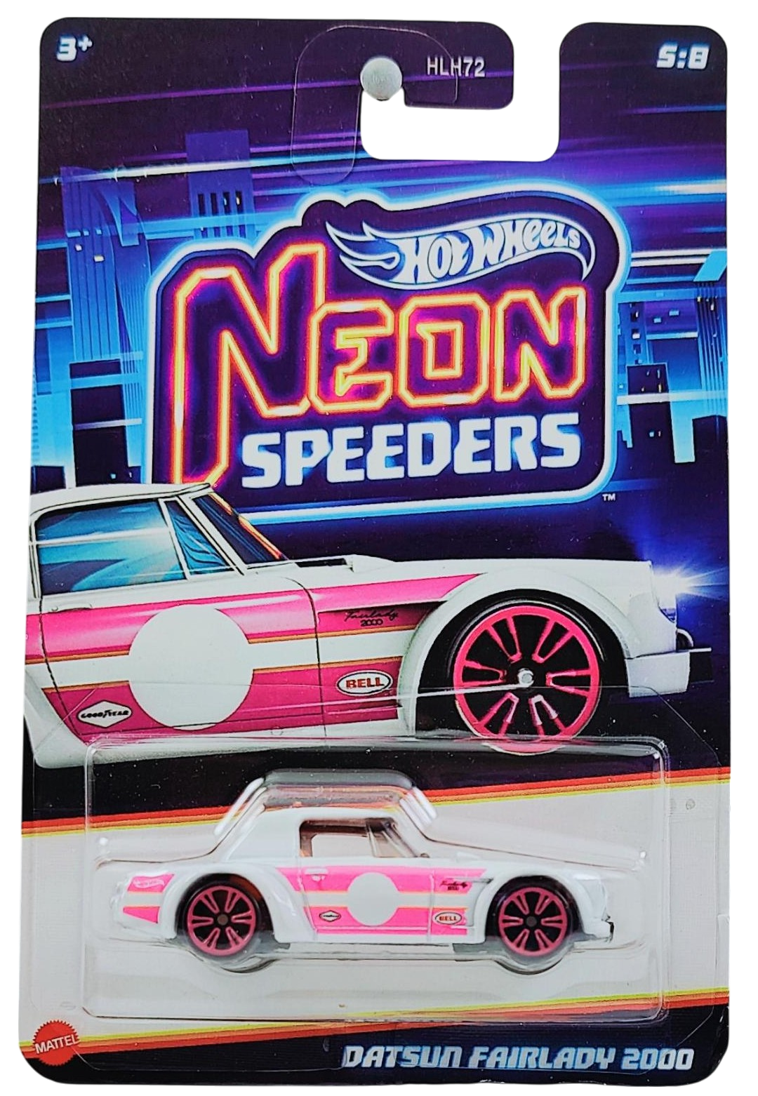 Hot Wheels 2025 - Theme / Neon Speeders 5/8 / Mix 2 - Datsun Fairlady 2000 - White / Neon Pink Graphics - Neon Speeders 6-Spoke (NS6) Wheels - Walmart Exclusive