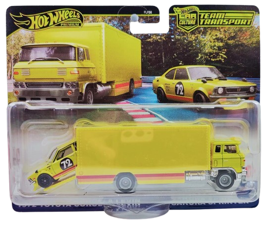 Hot Wheels 2025 - Premium / Car Culture / Team Transport # 75 - 1972 Toyota Carolla Levin & Sakura Sprinter - Yellow / # 72 - Metal/Metal & Real Riders - Mix 1
