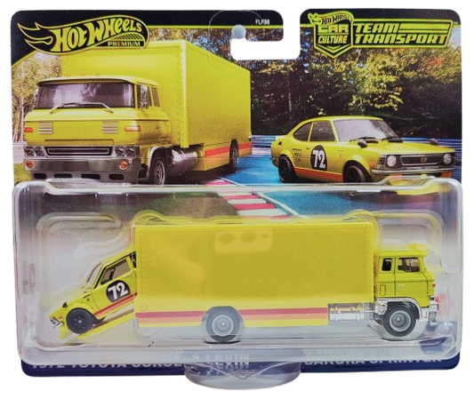 Hot Wheels 2025 - Premium / Car Culture / Team Transport # 75 - 1972 Toyota Carolla Levin & Sakura Sprinter - Yellow / # 72 - Metal/Metal & Real Riders - Mix 1