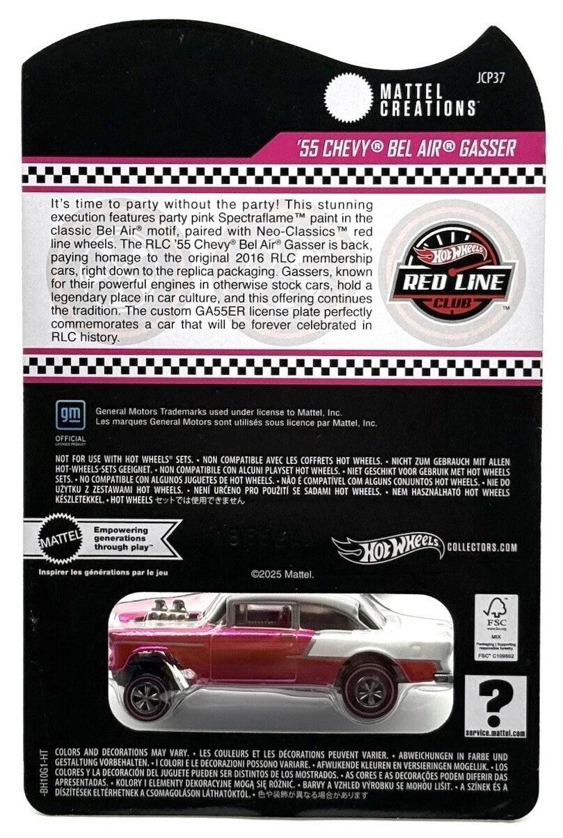 Hot Wheels 2025 - RLC Exclusive ’- 55 Chevy Bel Air Gasser - Spectraflame Pink - Neo Classic Red Line Wheels - Metal/Metal - Kar Keeper