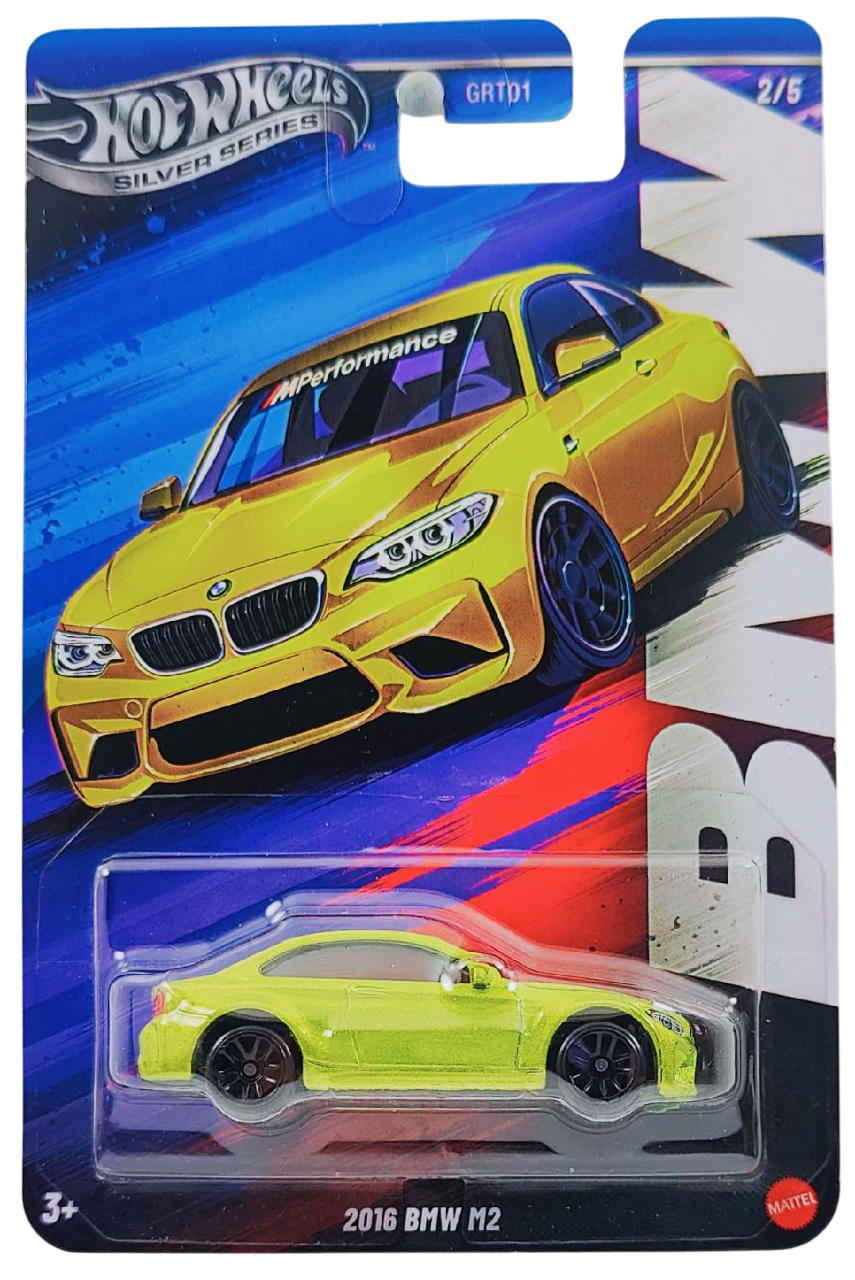 Hot Wheels 2025 - Theme / Silver Series / BMW Series 2/5 - 2016 BMW M2 - Spectraflame Austin Yellow - MM5 Wheels - Walmart Exclusive - BMW Blister Card