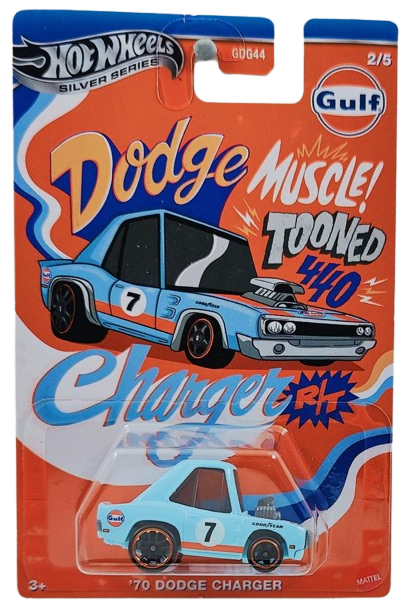 Hot Wheels 2025 - Silver Series / Tooned / Gulf Racing # 2/5 - '70 Dodge Charger - Sky Blue / #7 - MM5 & S5 Wheels - Walmart Exclusive