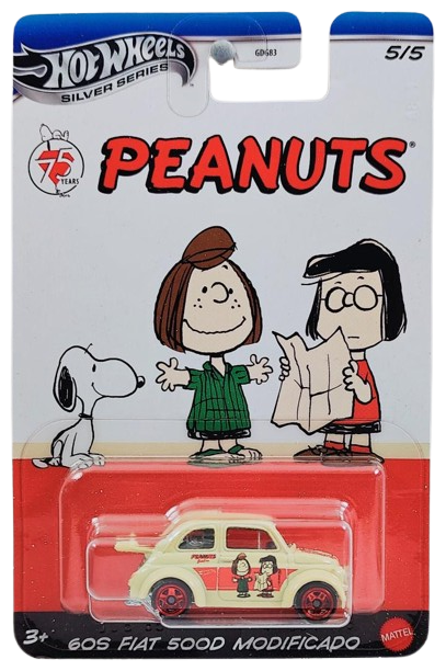 Hot Wheels 2025 - Silver Series / Theme / Peanuts 75 Years Series 5/5 - '60s Fiat 500D Modificado - Cream / Peppermint Patty & Marcie on Door - Red S5 Wheels - Walmart Exclusive